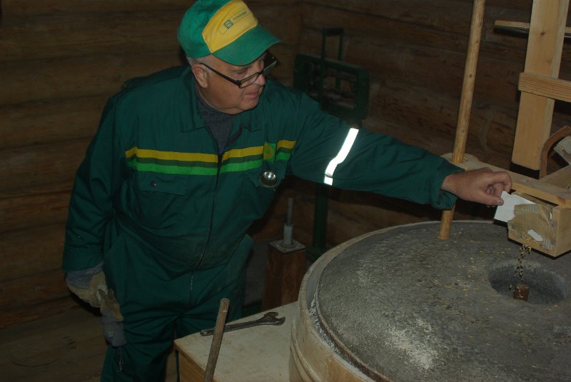 IMGP6867.JPG - Petter viser oss hvordan kornet ble matet ned på steinen i ei gammeldags vassdrevet kvern med liggende steiner
